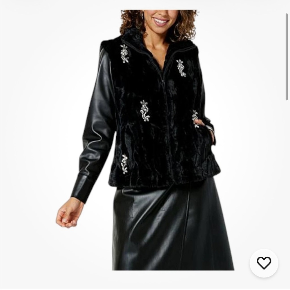 Colleen Lopez HSN NWOT Faux Jewel Faux Fur Full Zip Vest Sz XS Ret $136